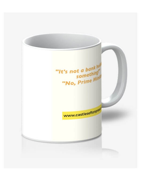 A white ceramics mug featuring the front cover of John Blake's novella Via Paradise