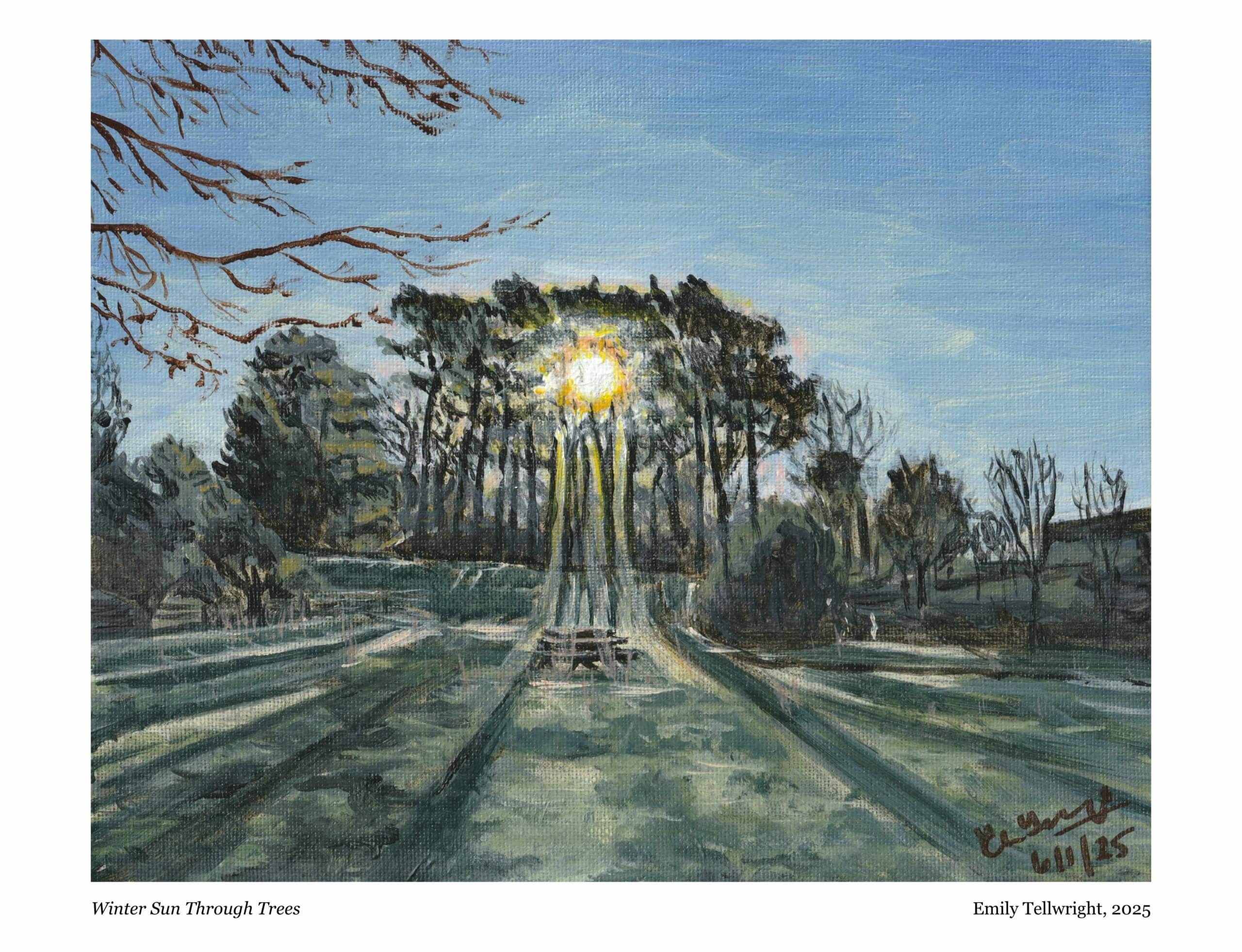 Acrylic painting of winter landscape with trees and sun.