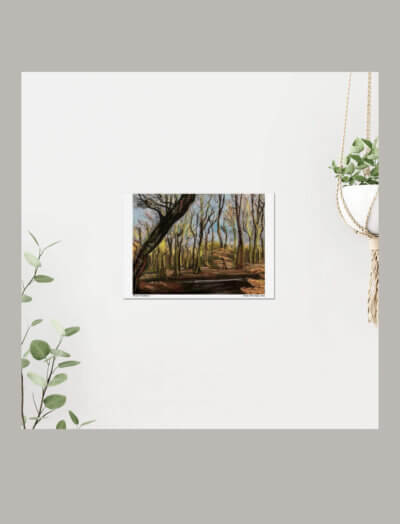 A pastel drawing of a woodland in winter.