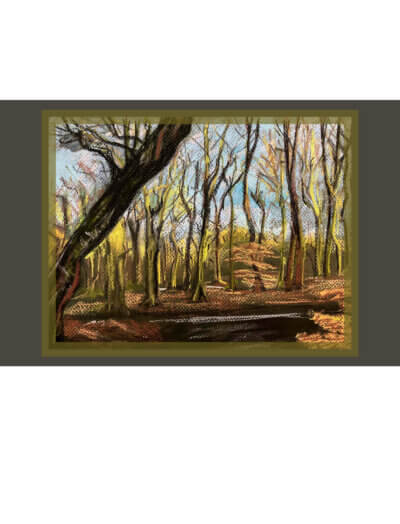 Greetings card showing a pastel drawing of a woodland in winter.