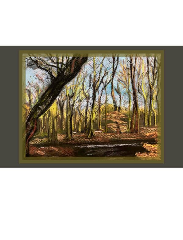 Greetings card showing a pastel drawing of a woodland in winter.