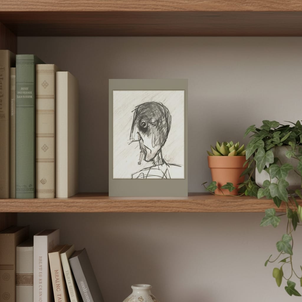 Grey Day Greetings Card on a shelf with books and plants