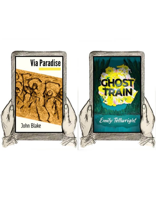 Drawing of two ebook readers showing CSP book covers