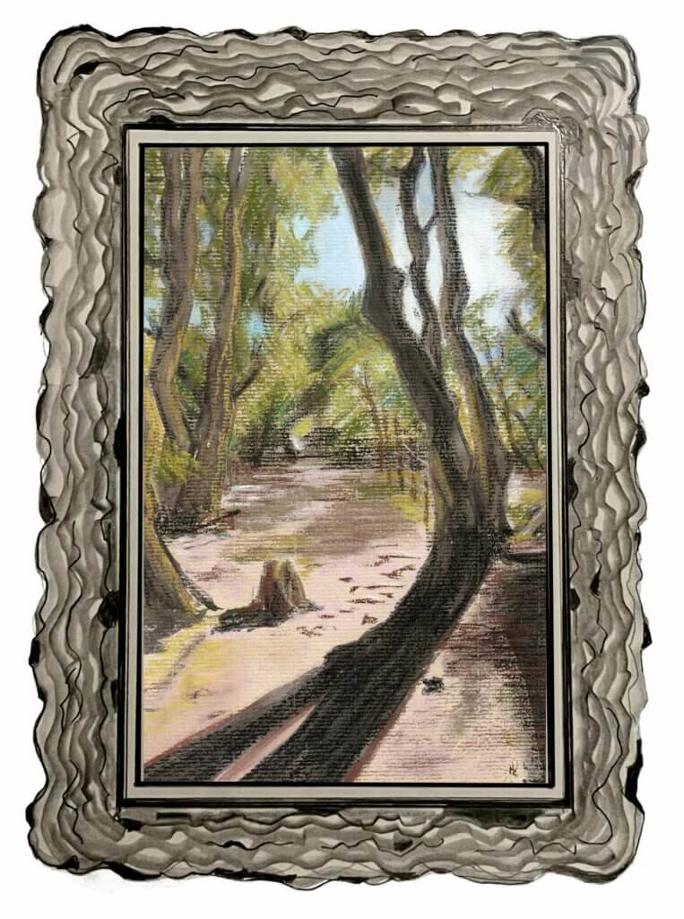 A pencil sketch of a picture frame surrounding a pastel drawing of trees in summer by Castle Sefton Press