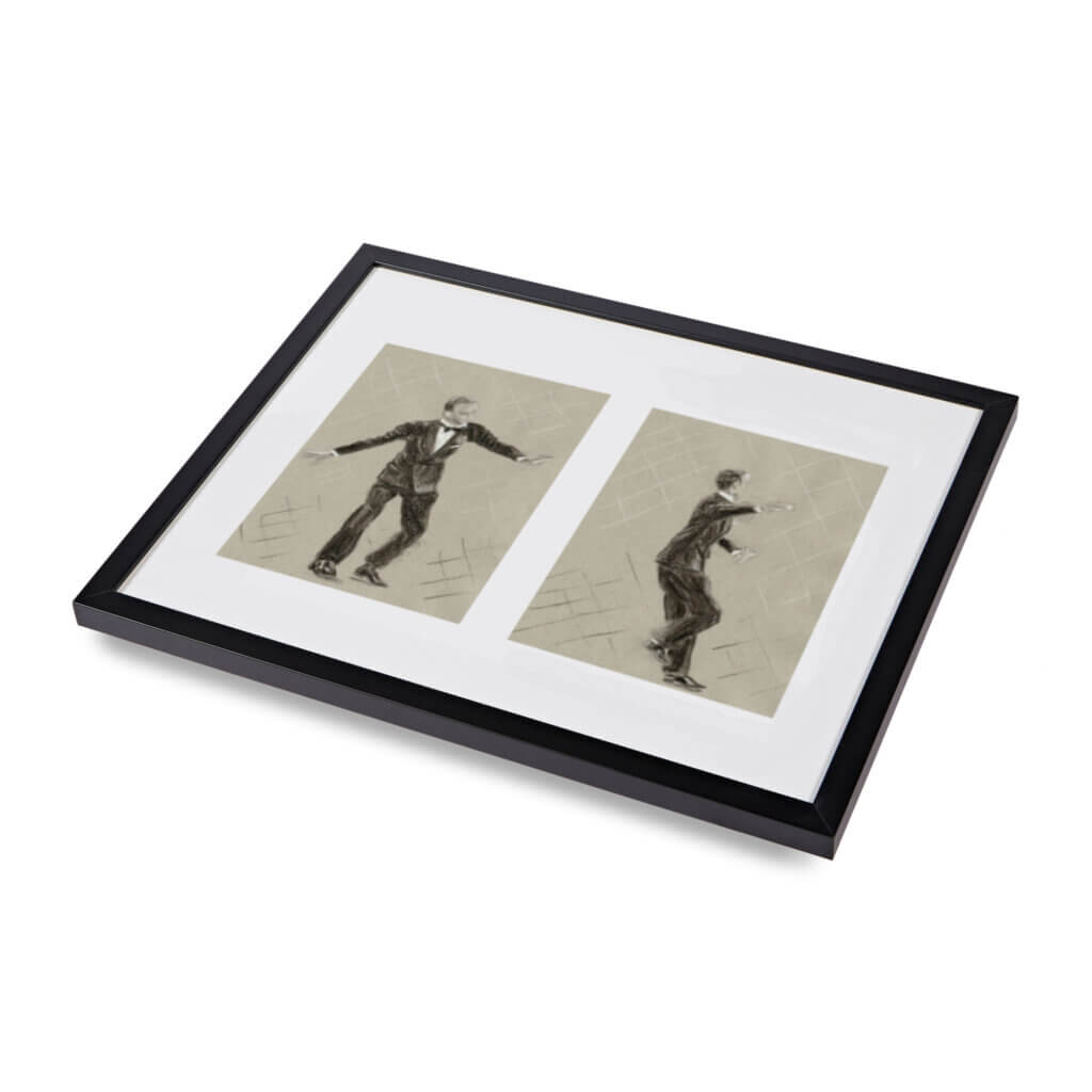 Art prints pic showing two charcoal drawings of Fred Astaire in a black frame.