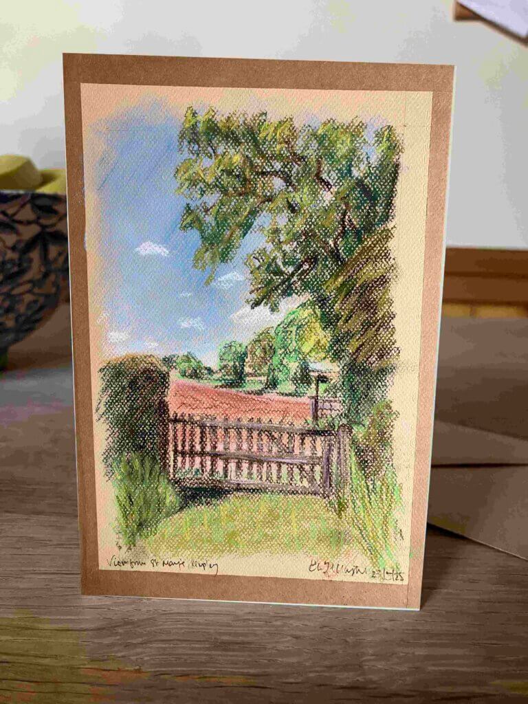 Artwork pic: a greetings card showing pastel painting of the view at Kempley