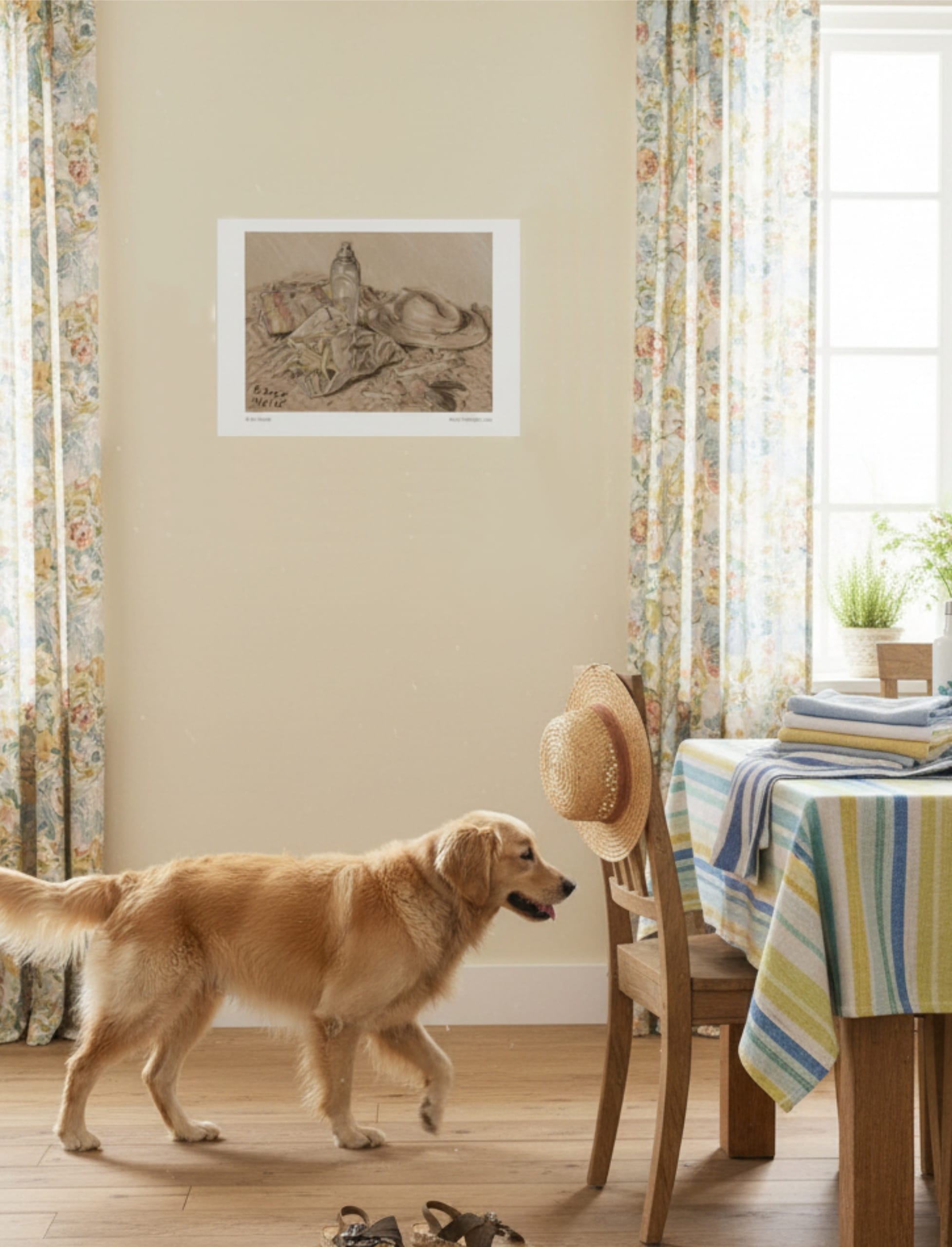 At the Seaside Art Print in a kitchen with dog and summer hats, shoes and towels