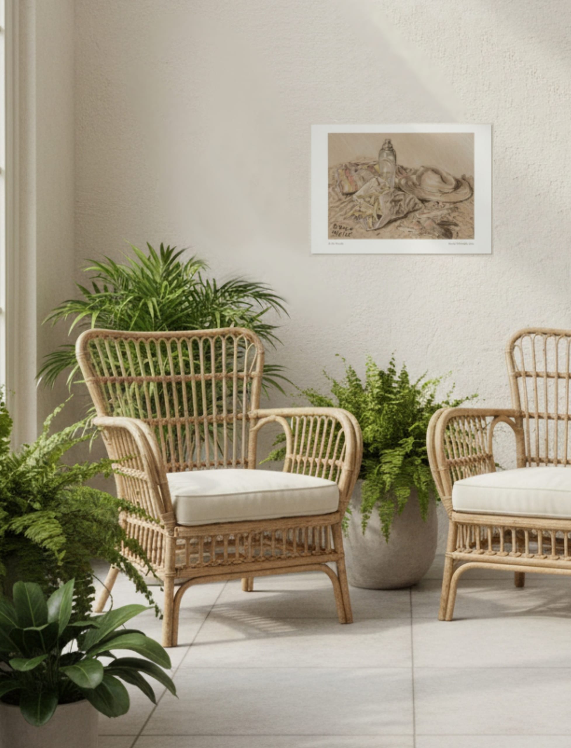 At the Seaside Art Print in a garden room with wicker chairs and plants