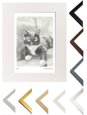 Mounted art print with DIY frame bundle picture showing the range of frame finishes and an example mounted print