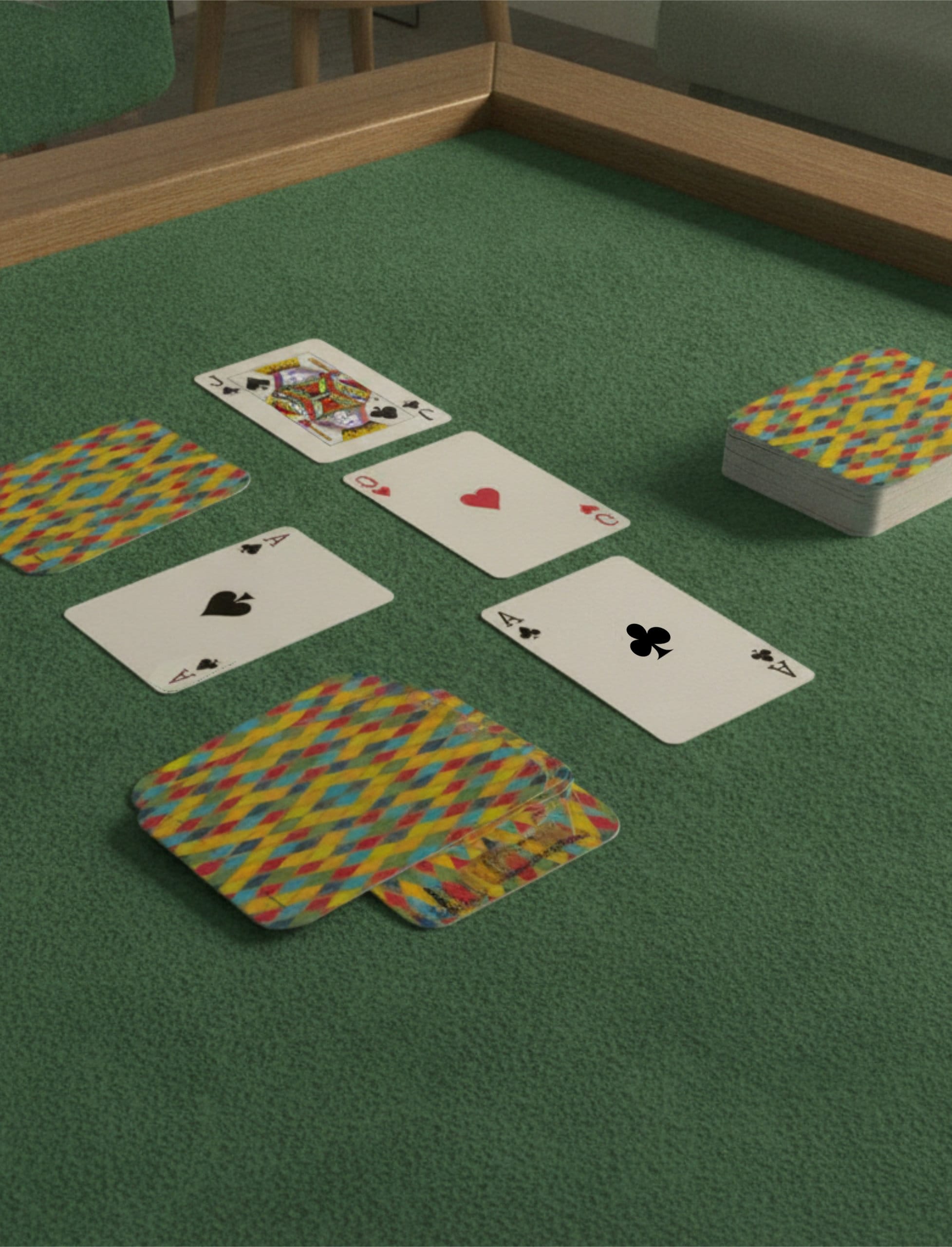 Harlequin Playing Cards on a green baize card table