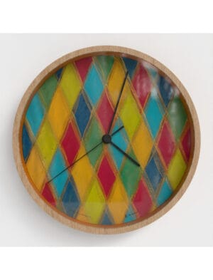 Harlequin wall clock featuring a hand-painted design by Emily Tellwright