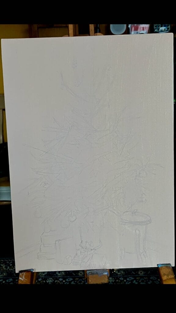 A colour-washed canvas with pencil drawing