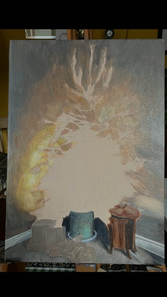 Canvas with the background of a painting completed and the foreground blank