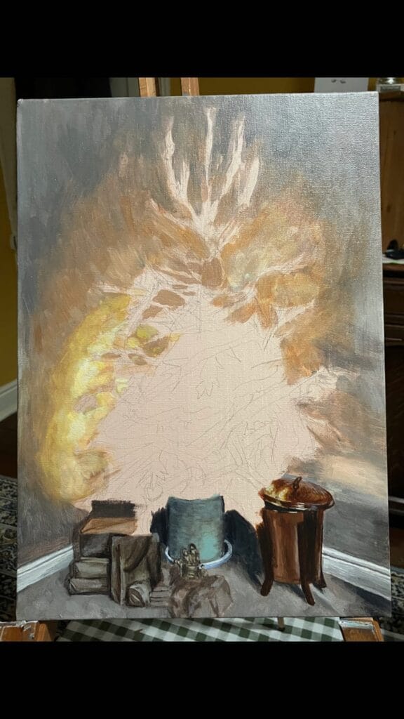 Canvas with the background of a painting completed and the foreground blank