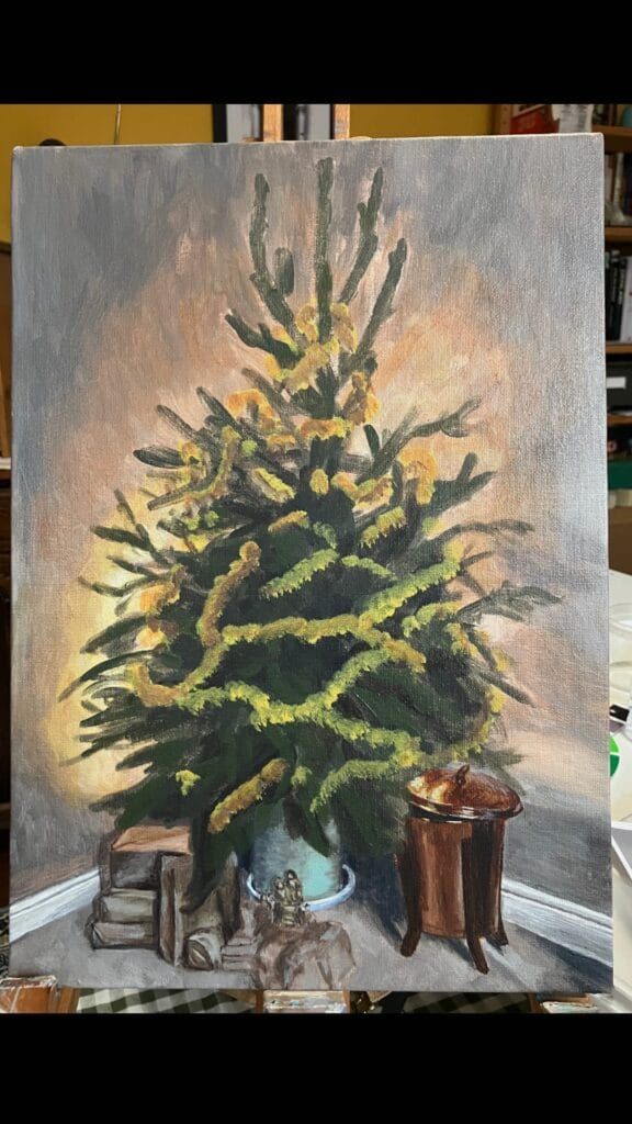An unfinished painting of a christmas tree
