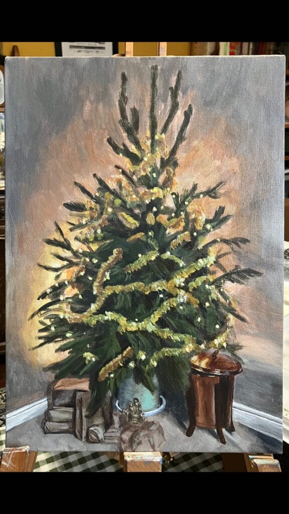 Canvas with the background of a painting completed and the foreground blank