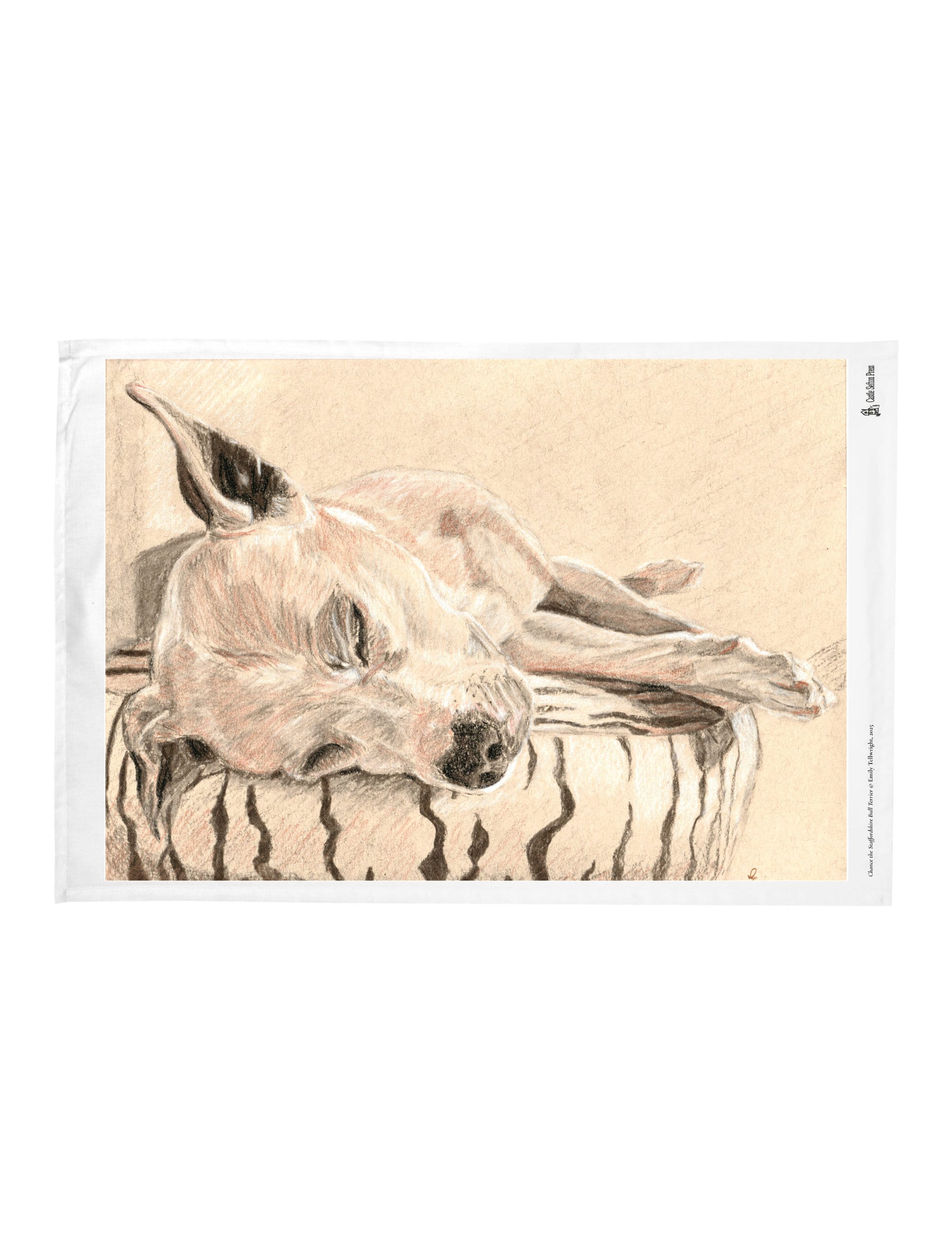 Chance the Staffordshire bull terrier tea towel showing a charcoal and chalk drawing