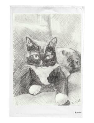 Edith the Cat tea towel showing a pencil and graphite drawing