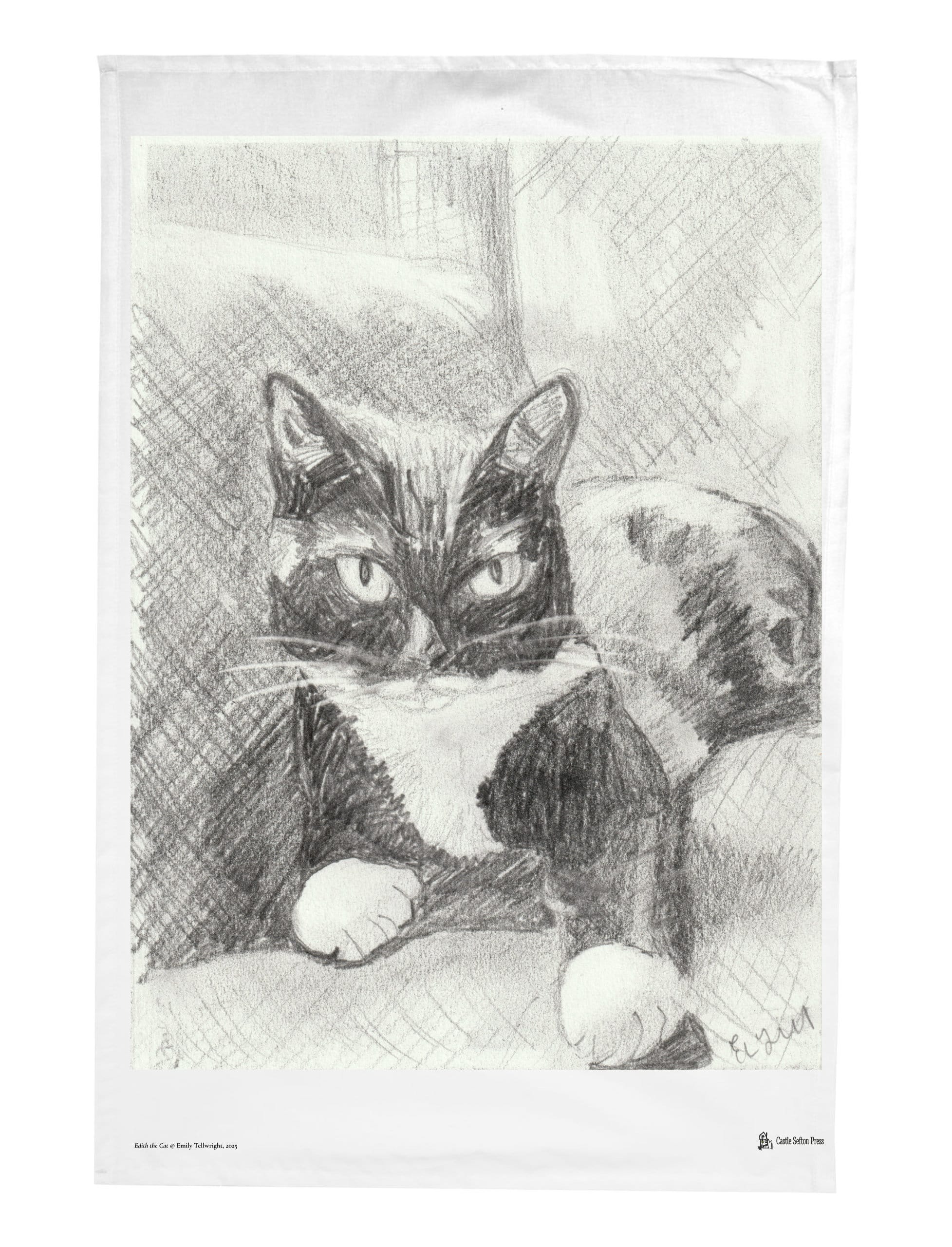 Edith the Cat tea towel showing a pencil and graphite drawing