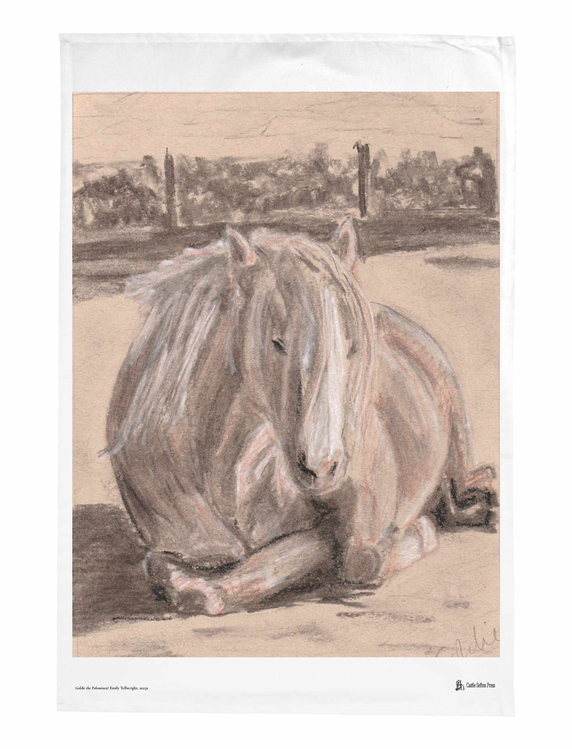 Goldie the palomino tea towel showing a drawing of a pony
