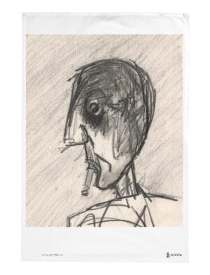 Grey Day tea towel, a drawing of a head with a cigareete by John Blake