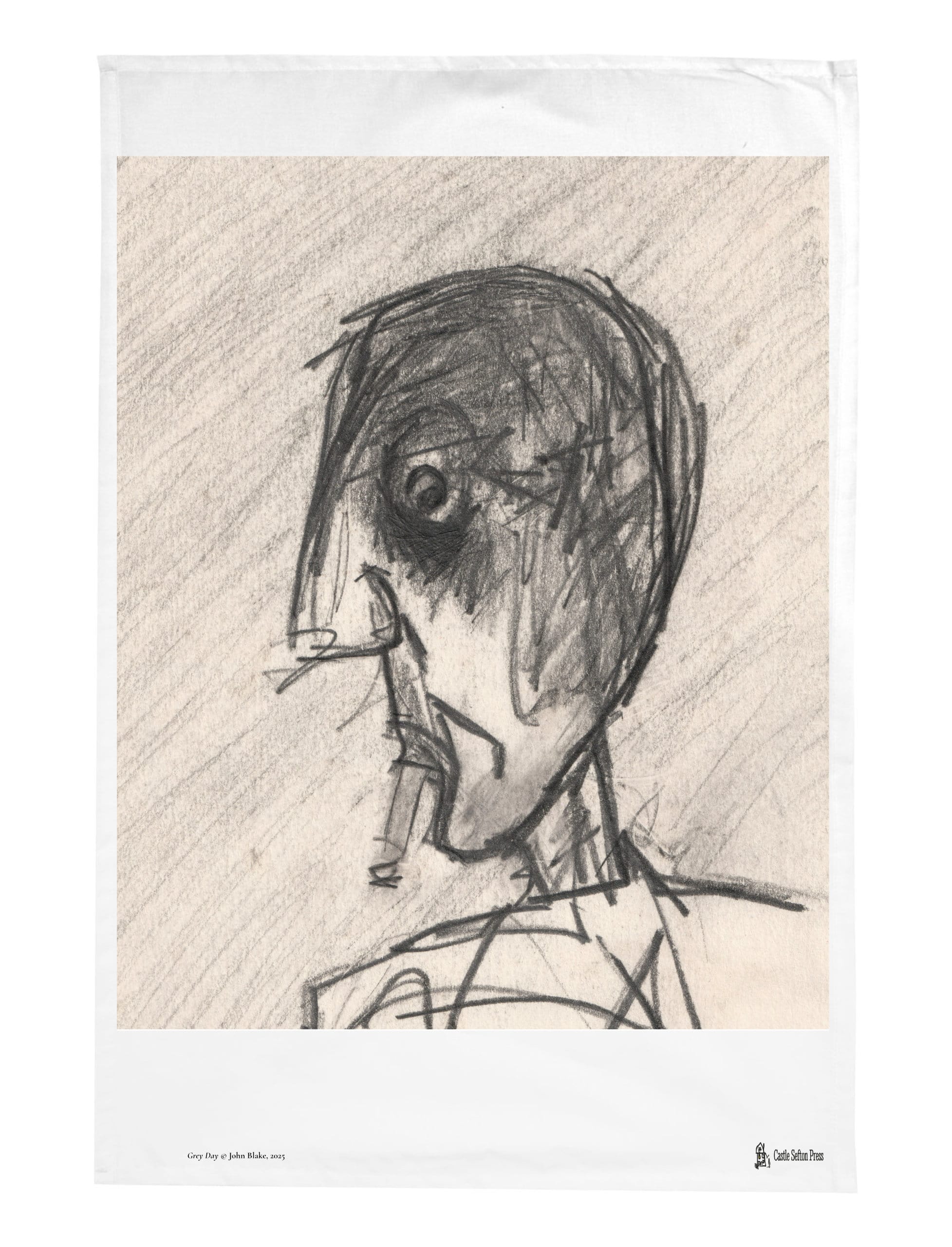 Grey Day tea towel, a drawing of a head with a cigareete by John Blake
