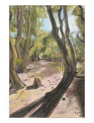 Path After Lines Tea towel showing a pastel drawing of a summer woodland