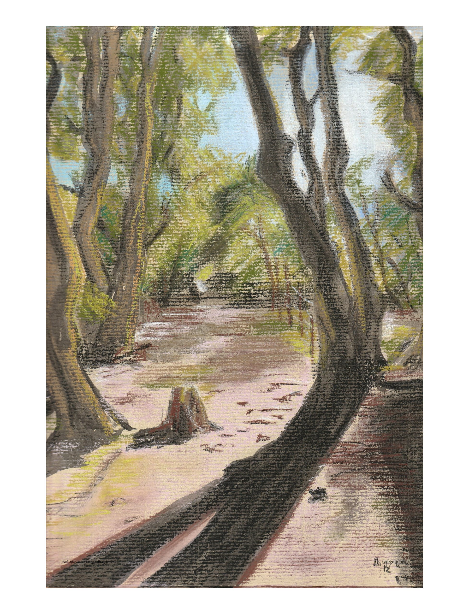 Path After Lines Tea towel showing a pastel drawing of a summer woodland