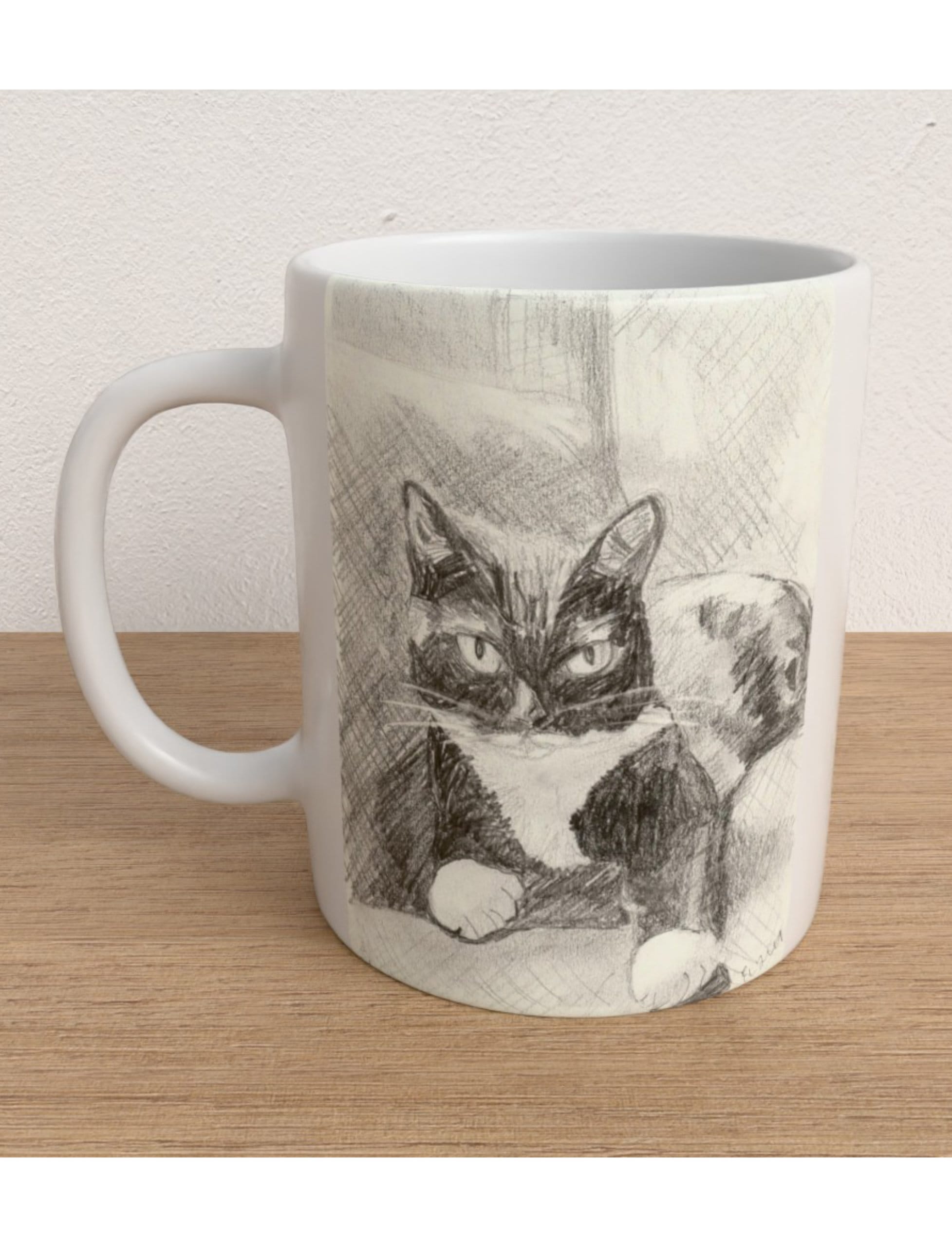 Edith the cat mug showing a pencil drawing of a black and white cat