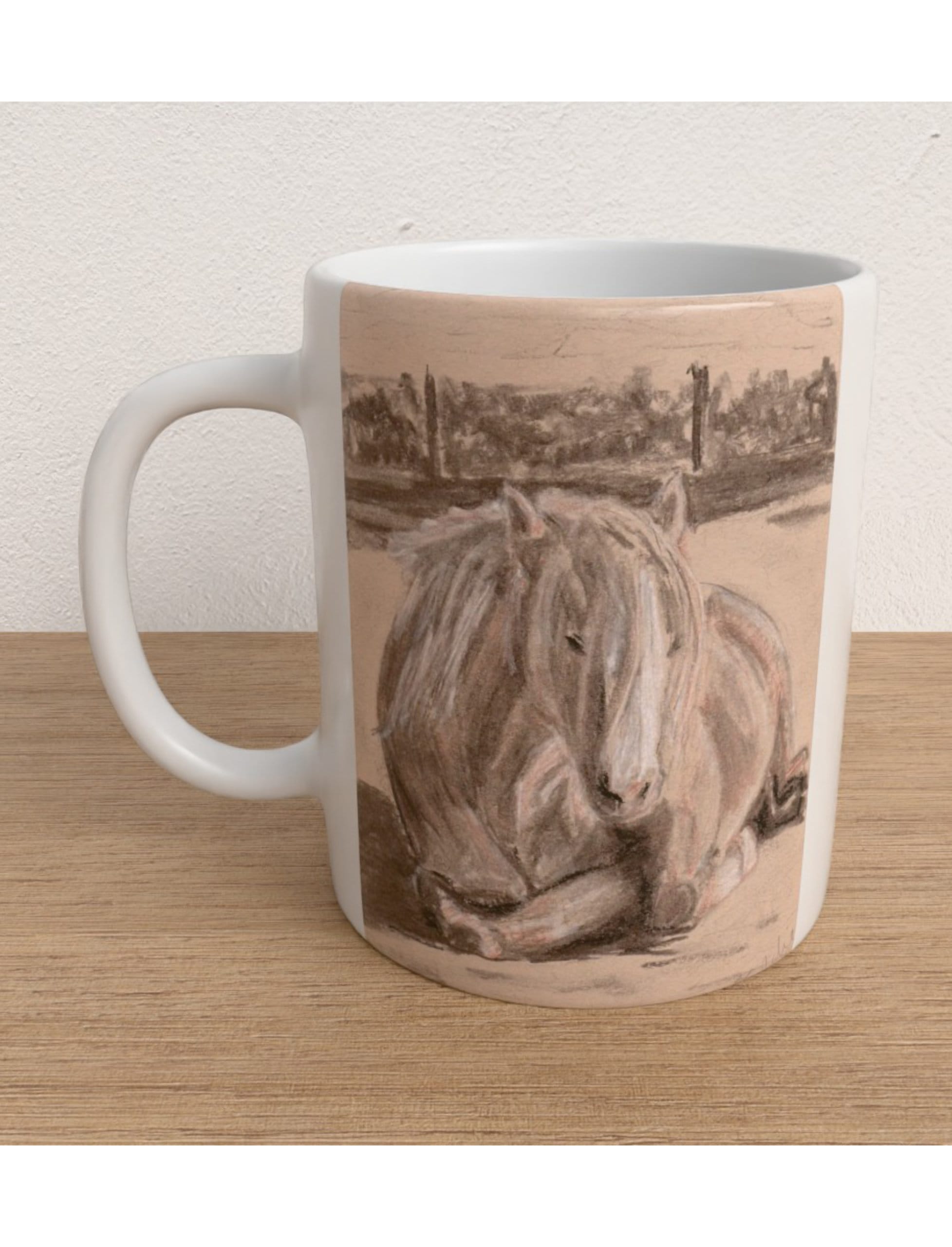 Goldie the Palomino mug showing a charcoal drawing by Emily Tellwright