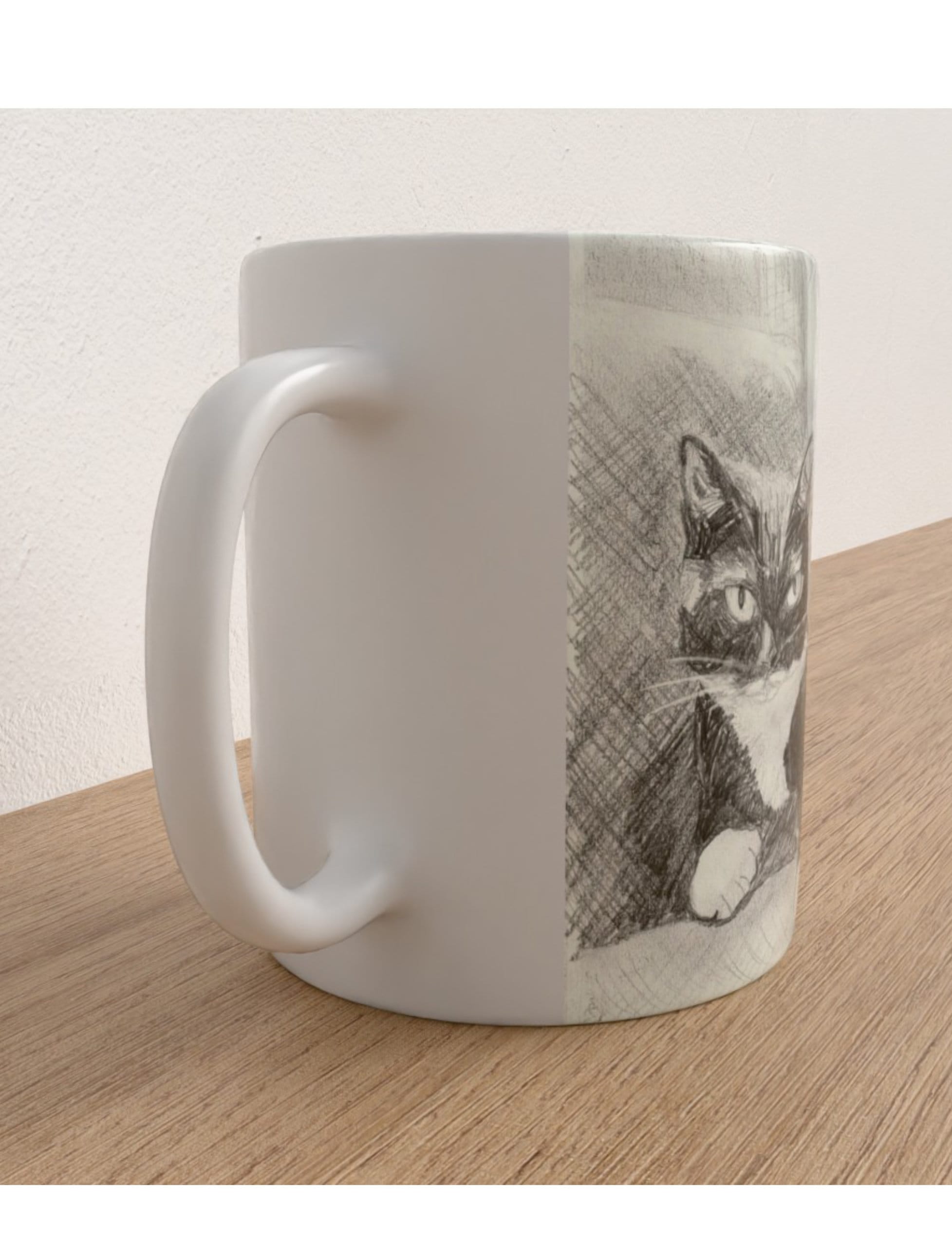 Edith the cat mug showing a pencil drawing of a black and white cat