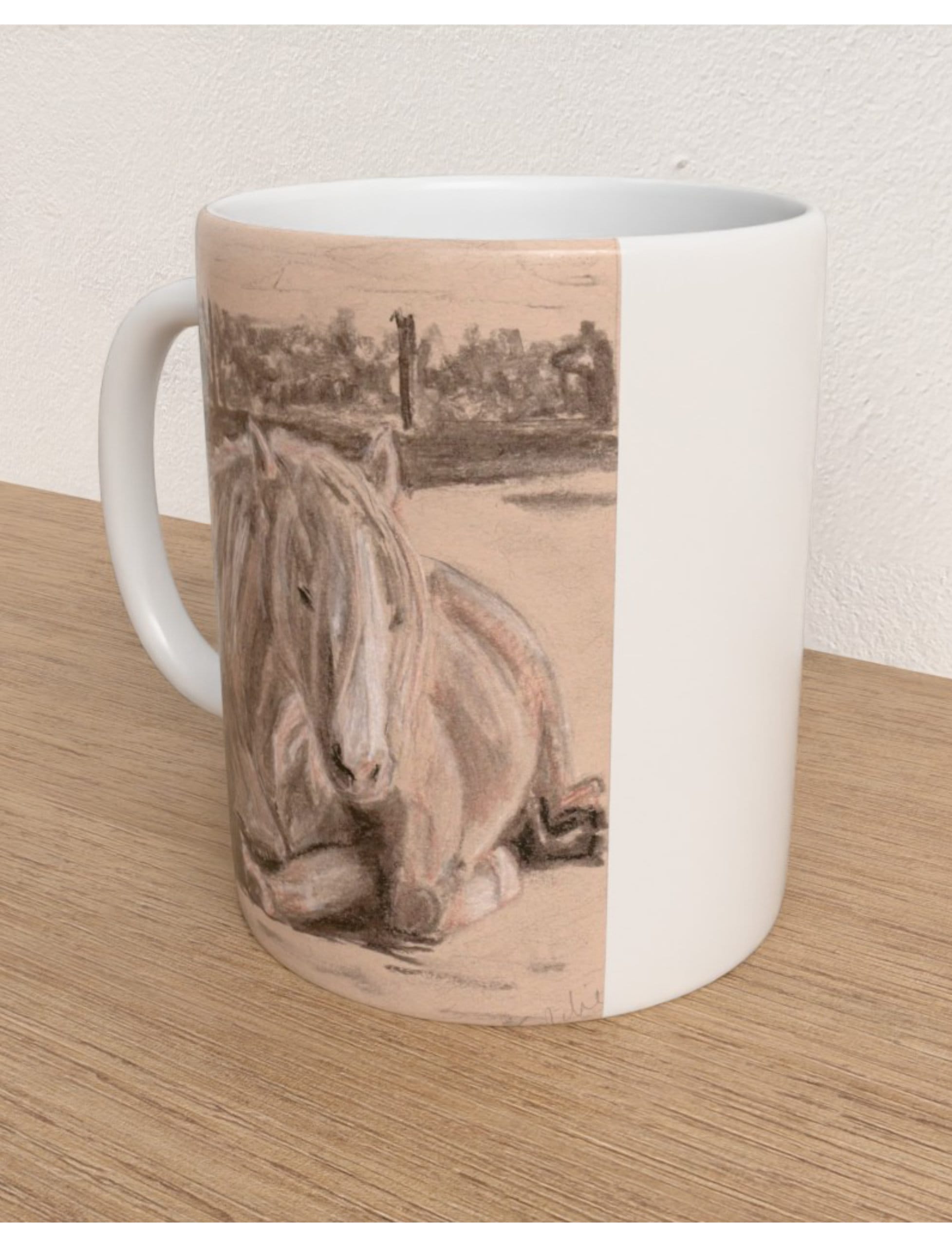 Goldie the Palomino mug showing a charcoal drawing by Emily Tellwright