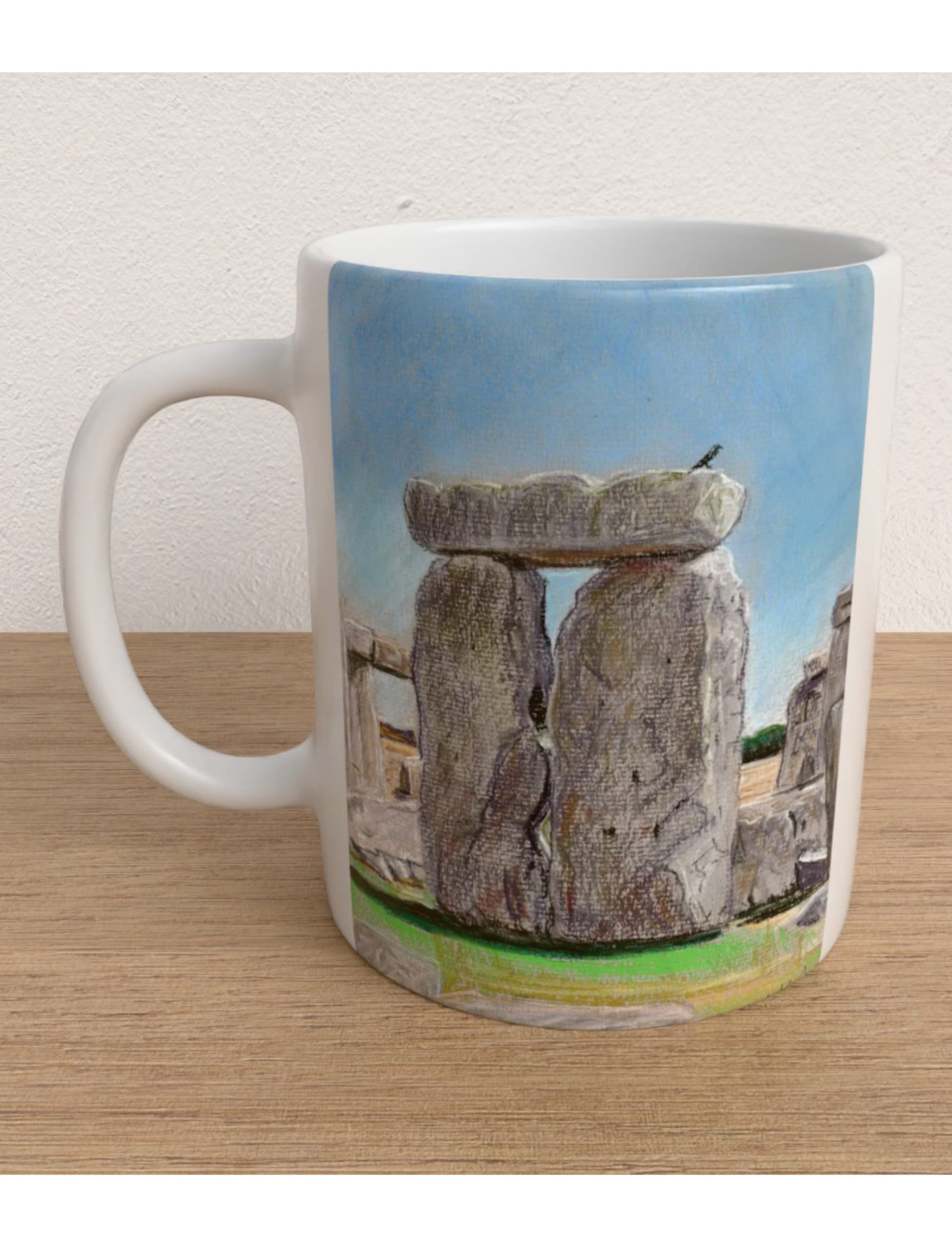Sunny Summer at Stonehenge mug showing a pastel drawing
