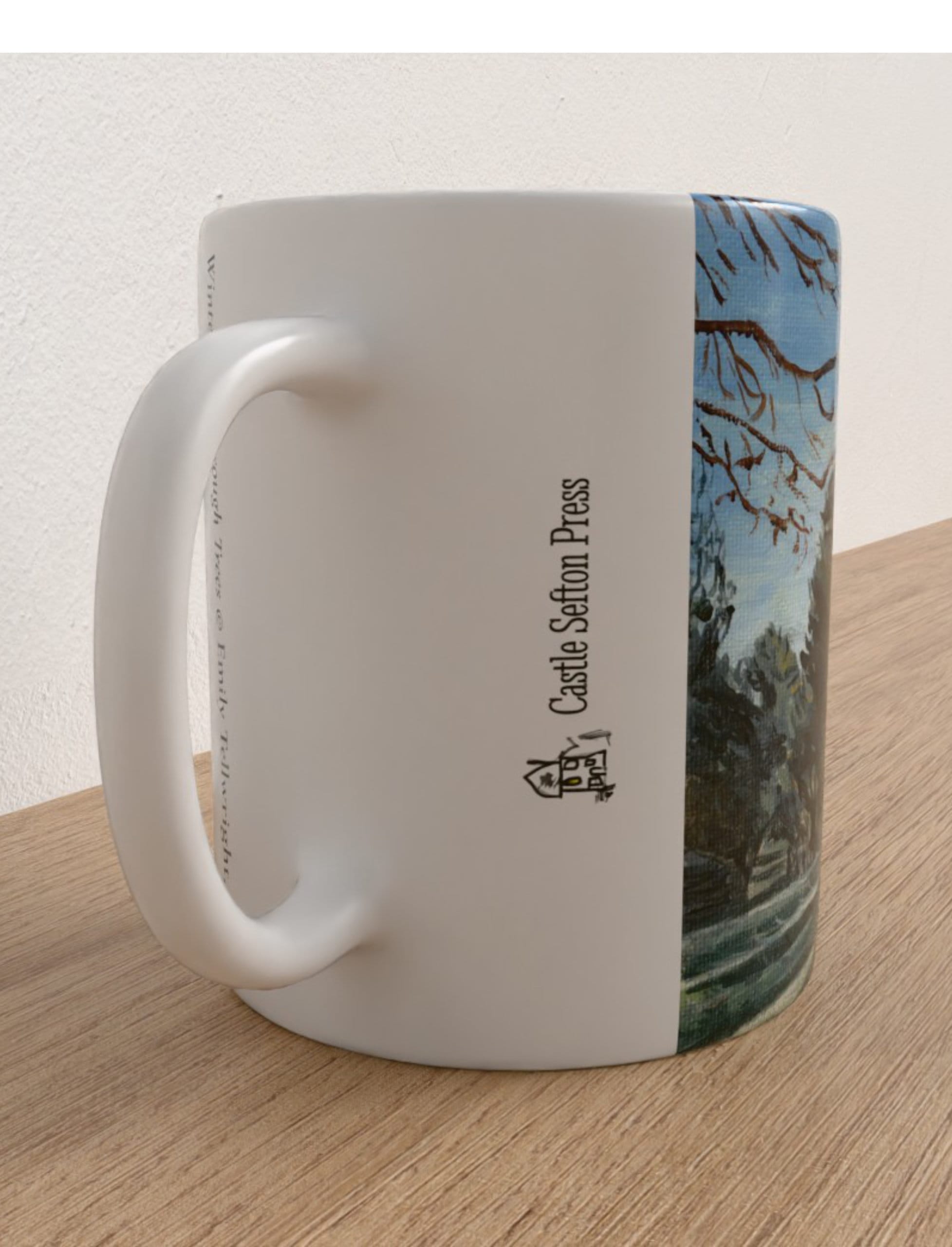 Winter Sun Through trees mug showing an acrylitc painting of winter woodland