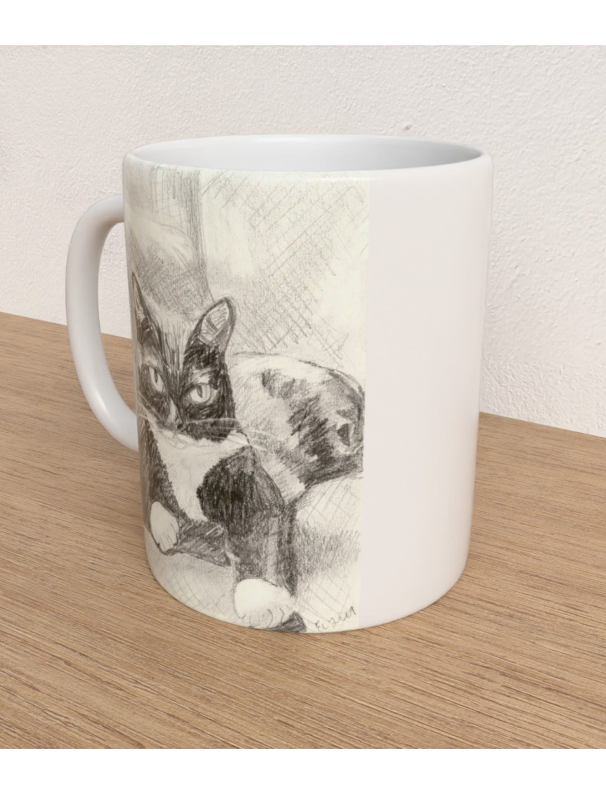Edith the cat mug showing a pencil drawing of a black and white cat