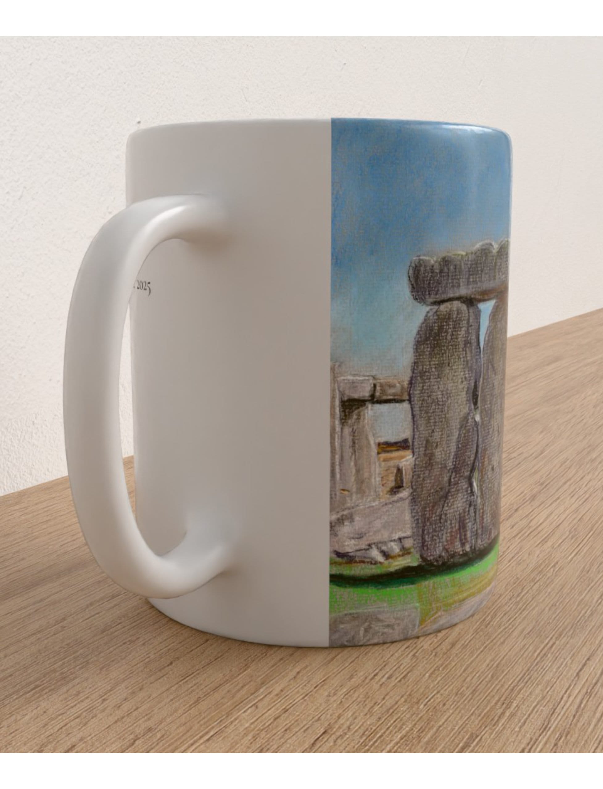 Sunny Summer at Stonehenge mug showing a pastel drawing