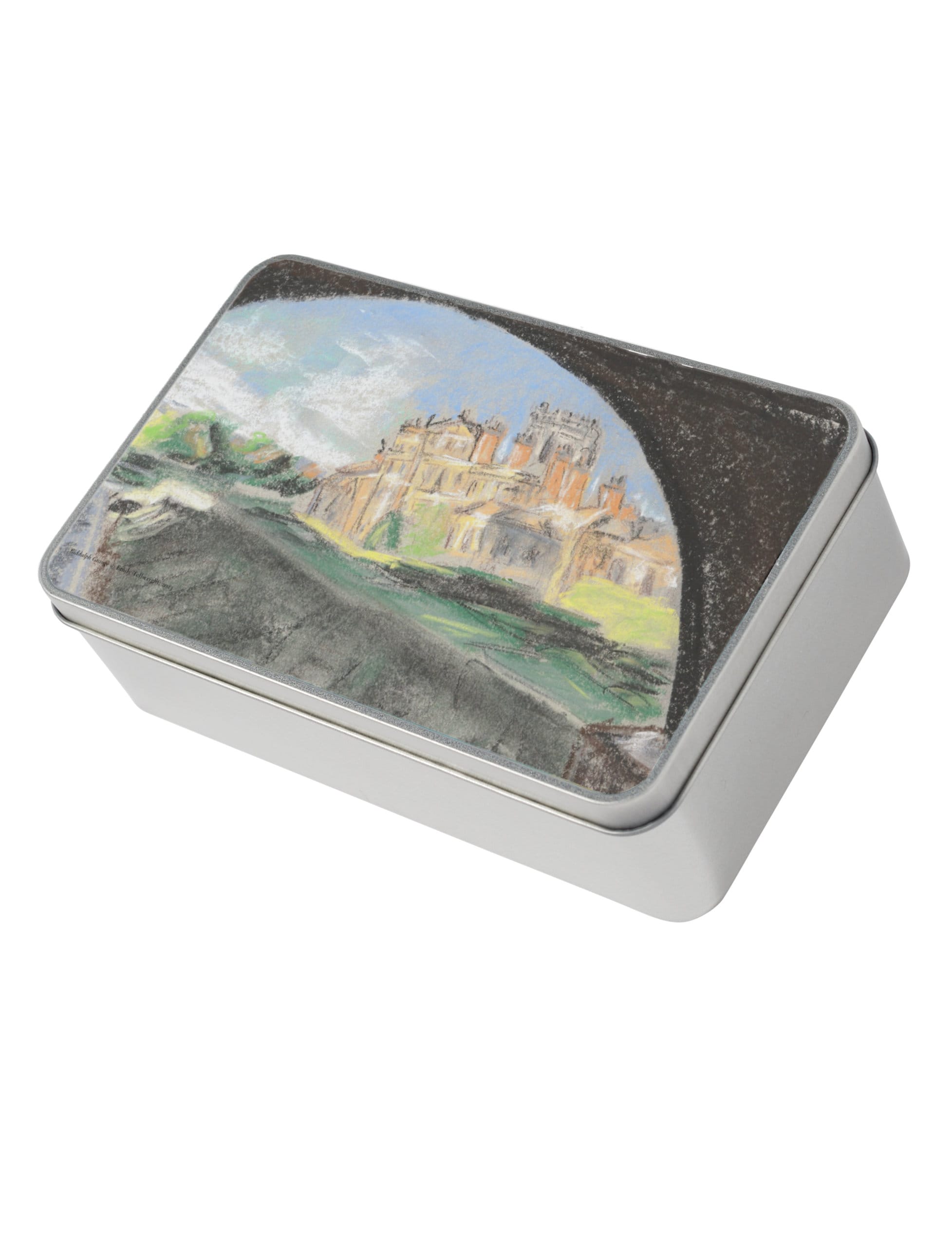 Biddulph Grange storage tin, a metal storage tin with pastel drawing by Emily Tellwright