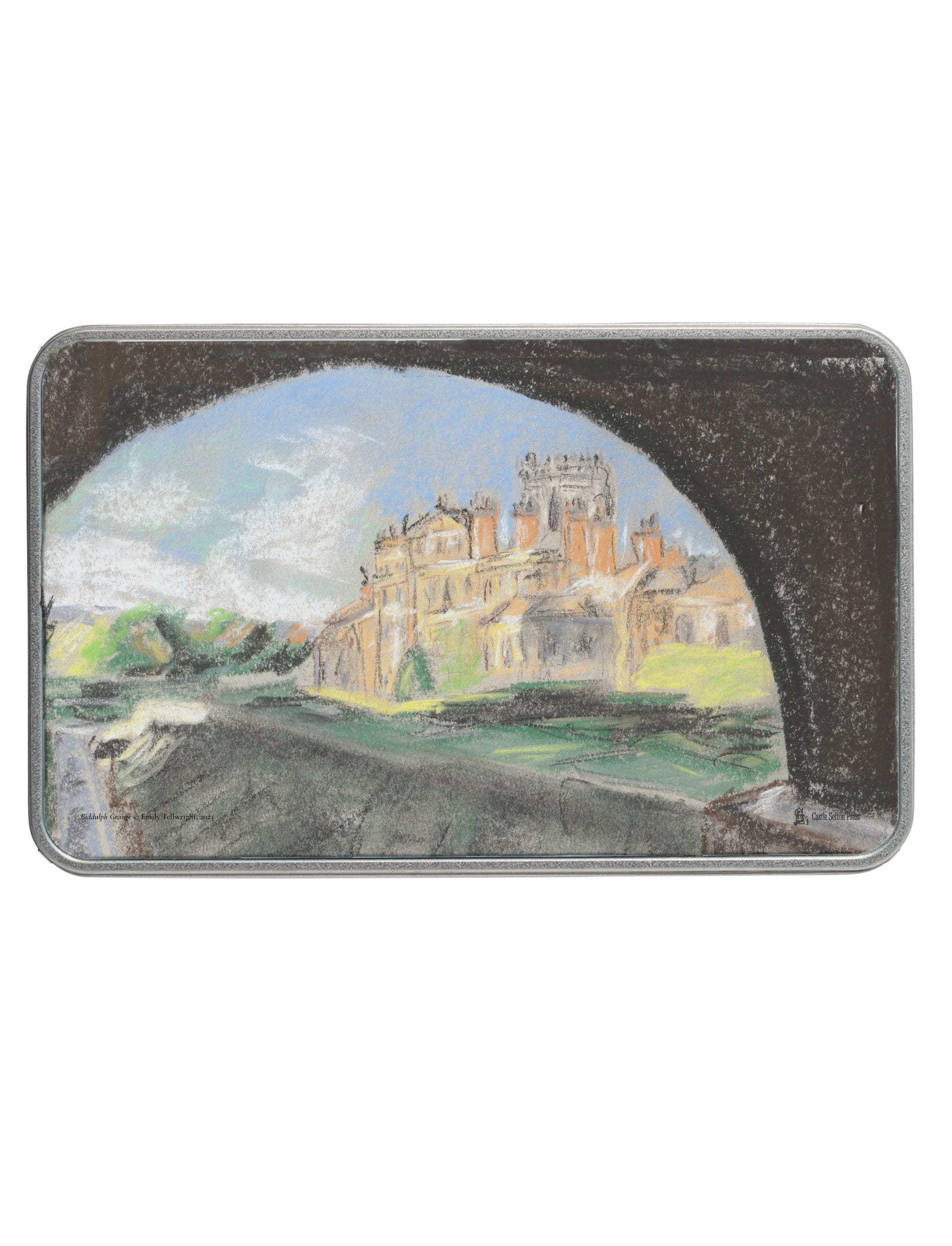 Biddulph Grange storage tin, a metal storage tin with pastel drawing by Emily Tellwright