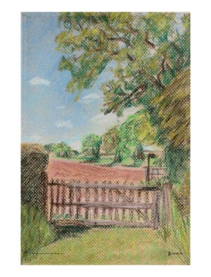 View from St Mary's Kempley tea towel showing a pastel drawing of the view from a small church in Gloucestershire