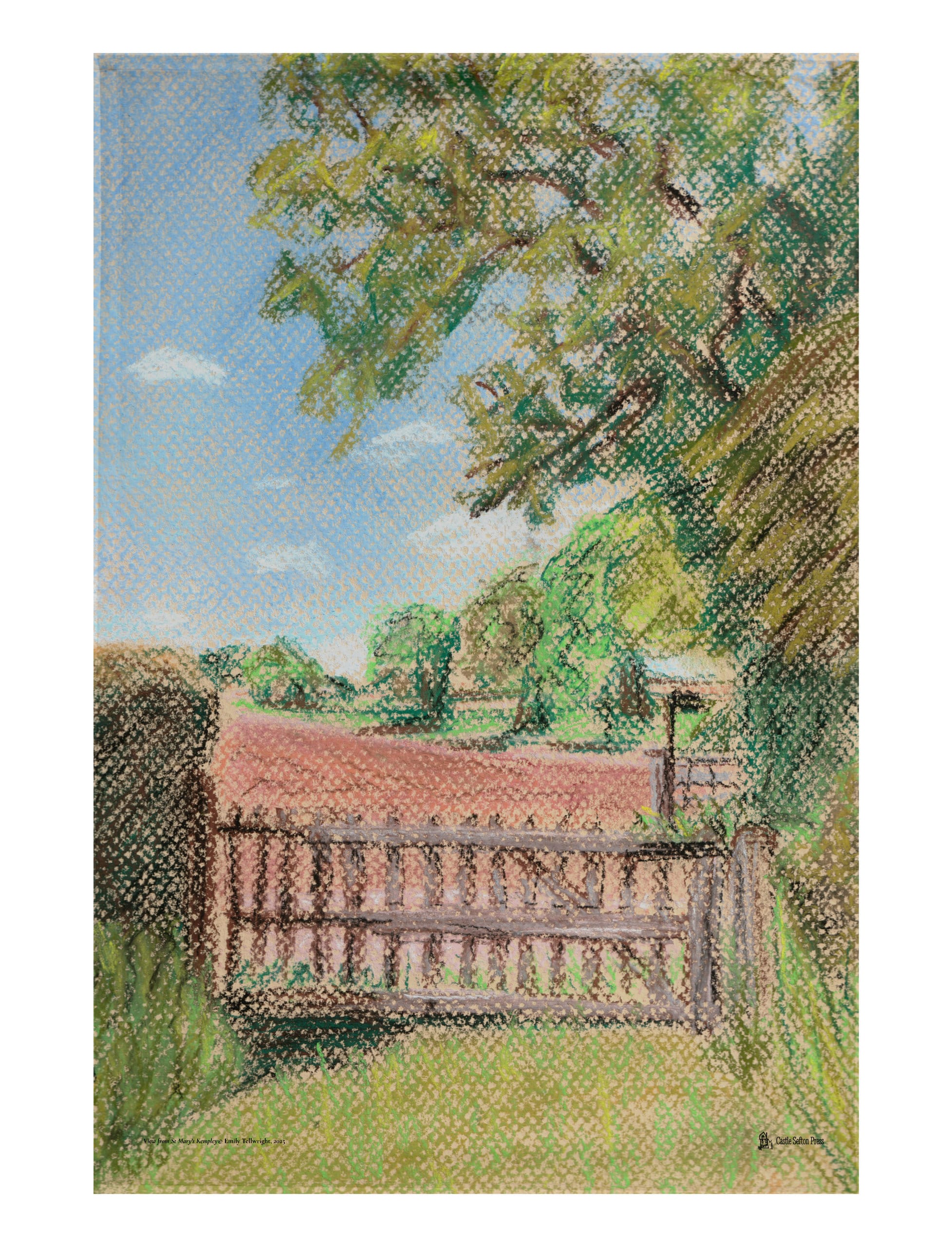 View from St Mary's Kempley tea towel showing a pastel drawing of the view from a small church in Gloucestershire