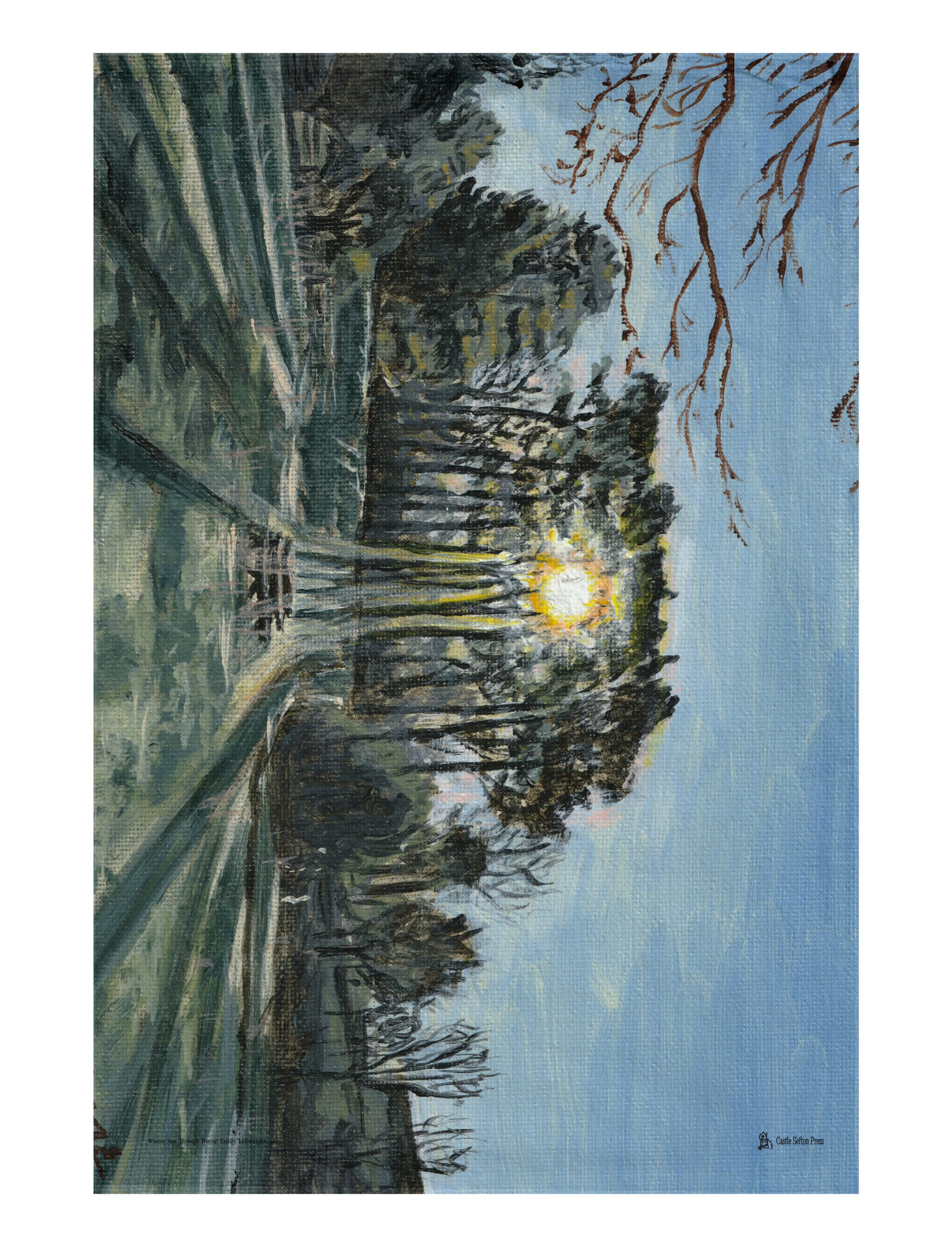 Winter Sun Through Trees tea towel a painting by Emily Tellwright