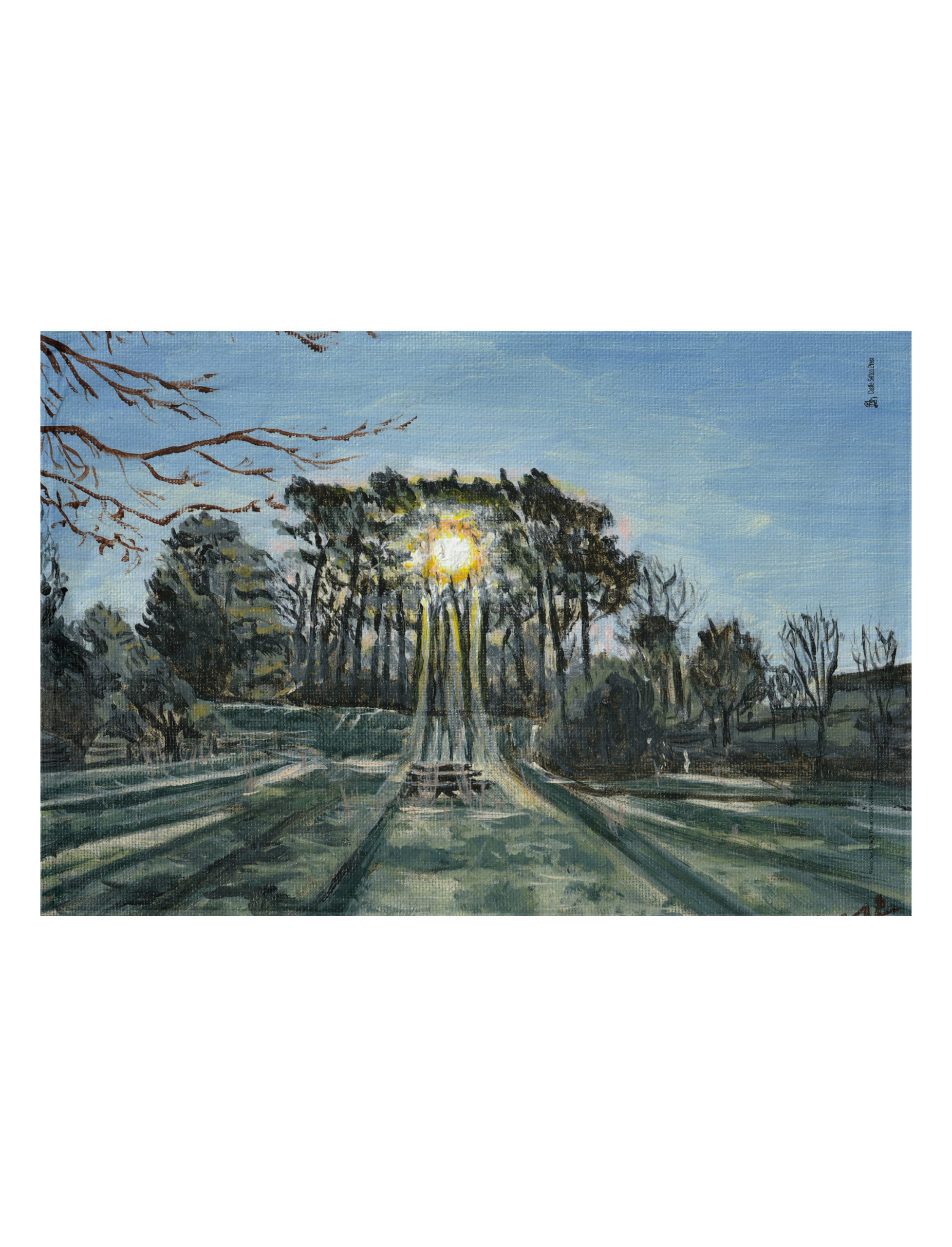 Winter Sun Through Trees tea towel a painting by Emily Tellwright