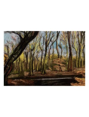 Winter Woodland tea towel showing a pastel drawing