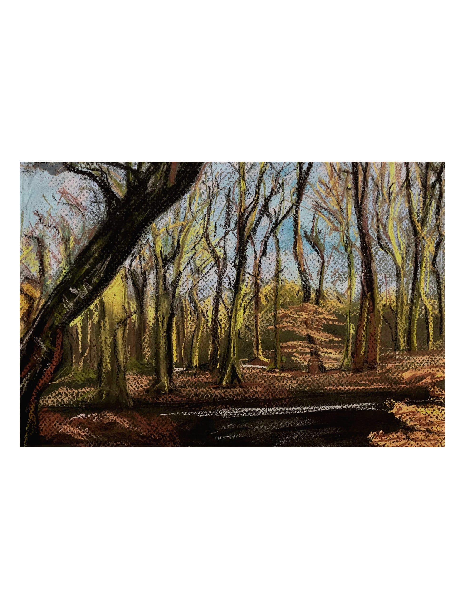 Winter Woodland tea towel showing a pastel drawing