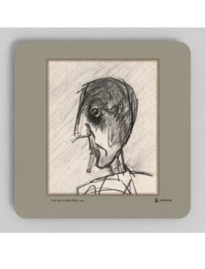 Grey Day coasters showing a drawing by John Blake