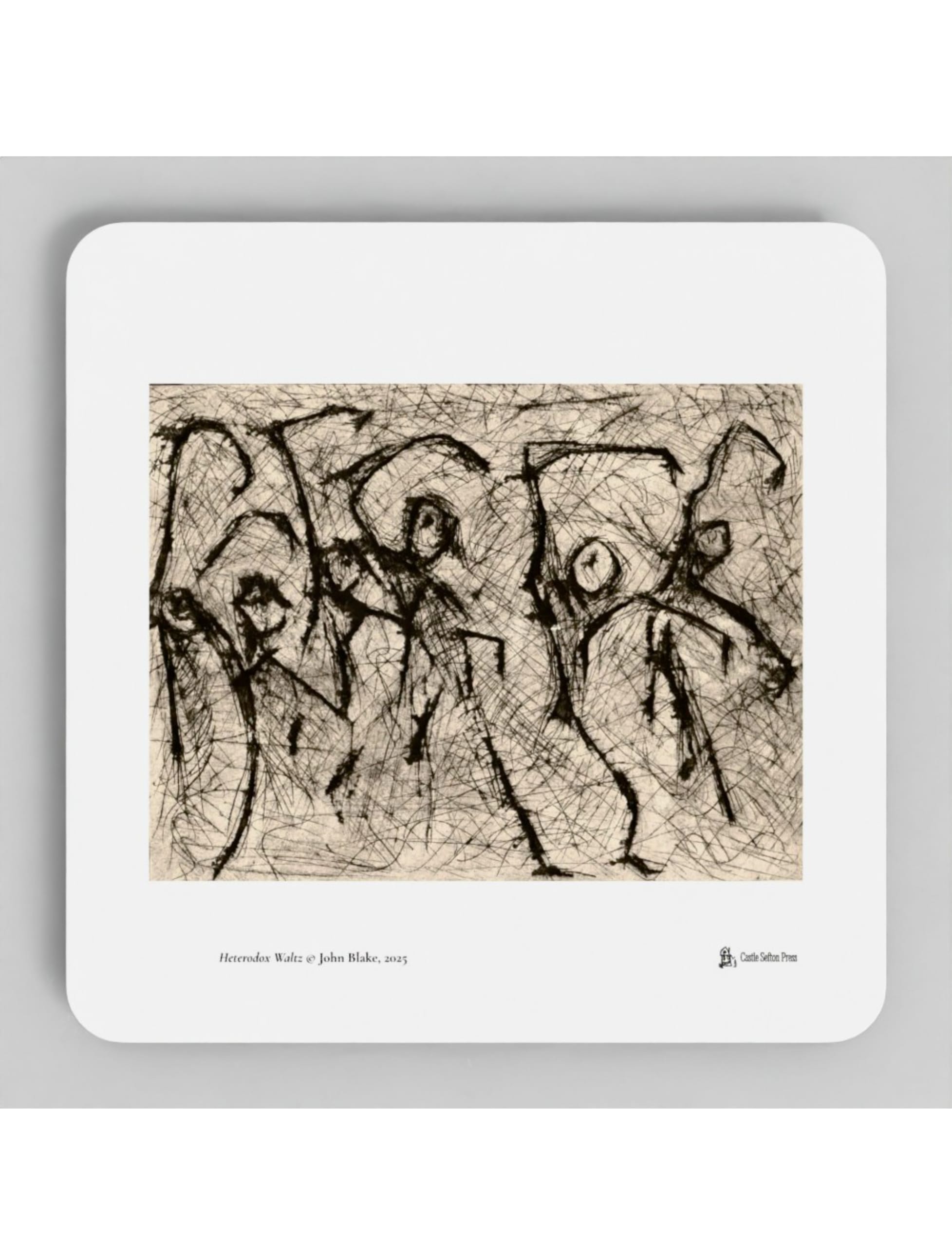 Heterodox Waltz coasters showing a print by John Blake