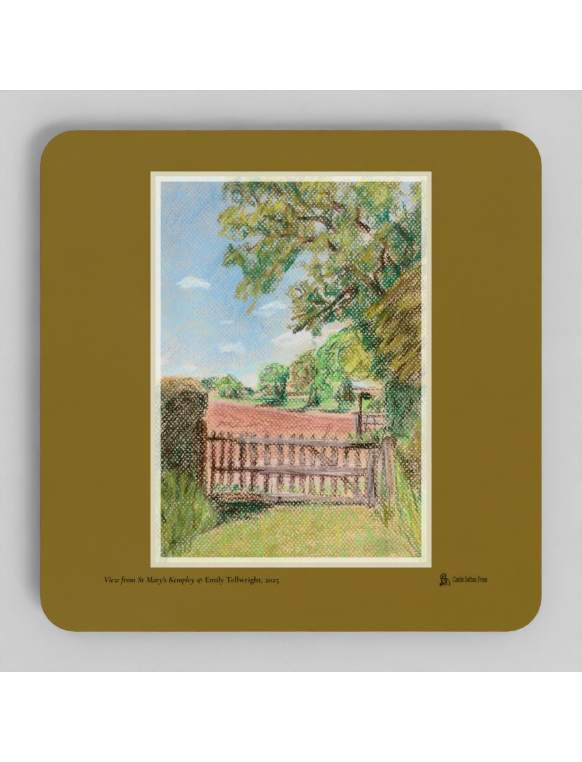 The View from St Mary's Kempley coaster showing a drawing by Emily Tellwright
