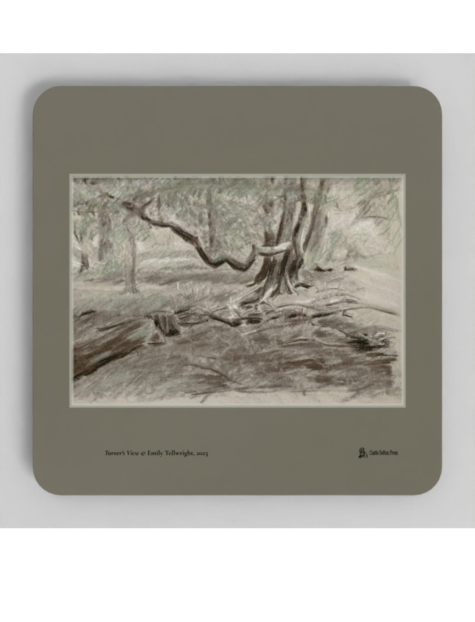 Turner's View Coaster showing a charcoal drawing by Emily Tellwright
