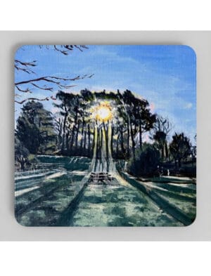 Winter sun Through Trees coasters showing an acrylic painting by Emily Tellwright