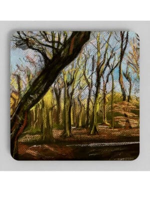 Winter Woodland Coaster showig a pastel drawing by Emily Tellwright